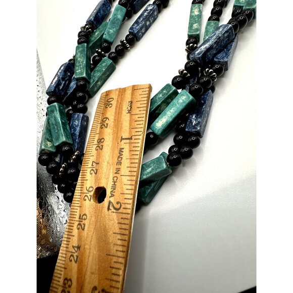 Multi Strand Boho Blue Green Boho Necklace Rectangle Shape Acrylic Beads - Picture 8 of 9